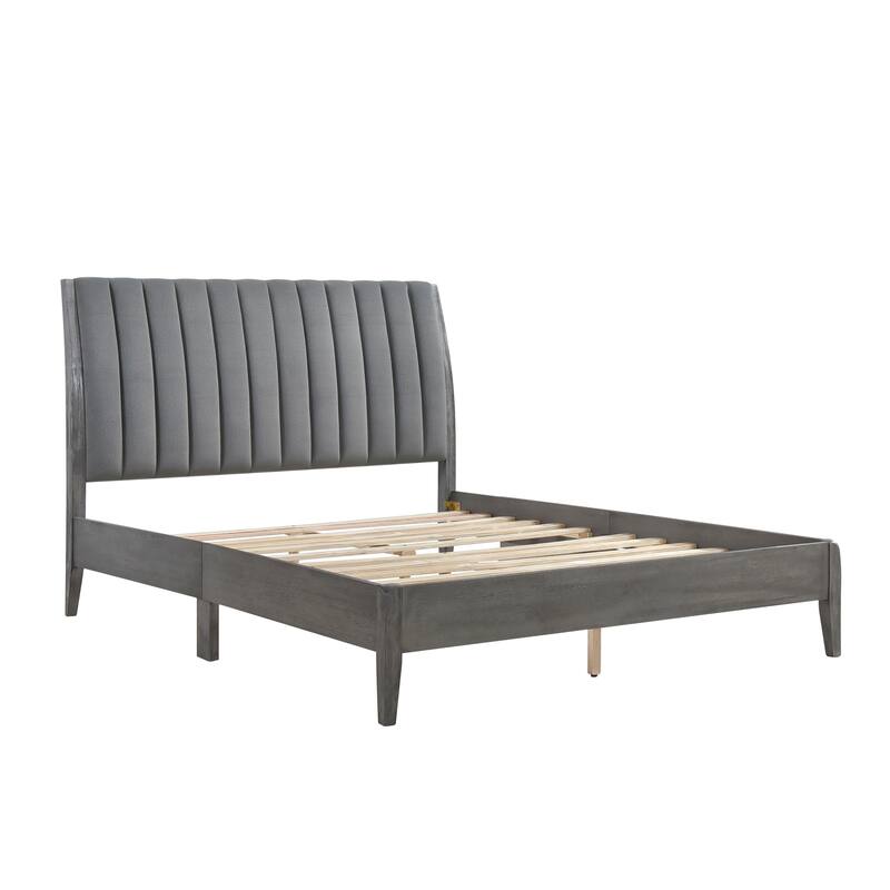 Eastern King Platform Bed with Velvet Upholstered Headboard and Solid Wood Legs
