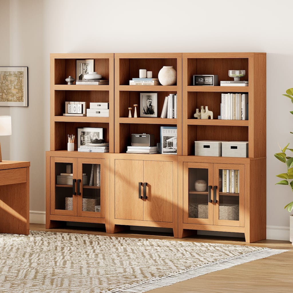 WAMPAT 74" Tall Bookshelf with Glass Doors, Farmhouse Bookcase with Open Shelves