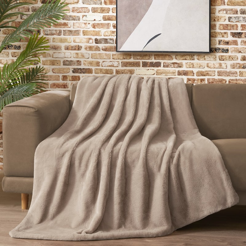 Lucky Brand Solid Synthetic Fur Rabbit 50" x 70" Throw Blanket - 50"X70" - Tan