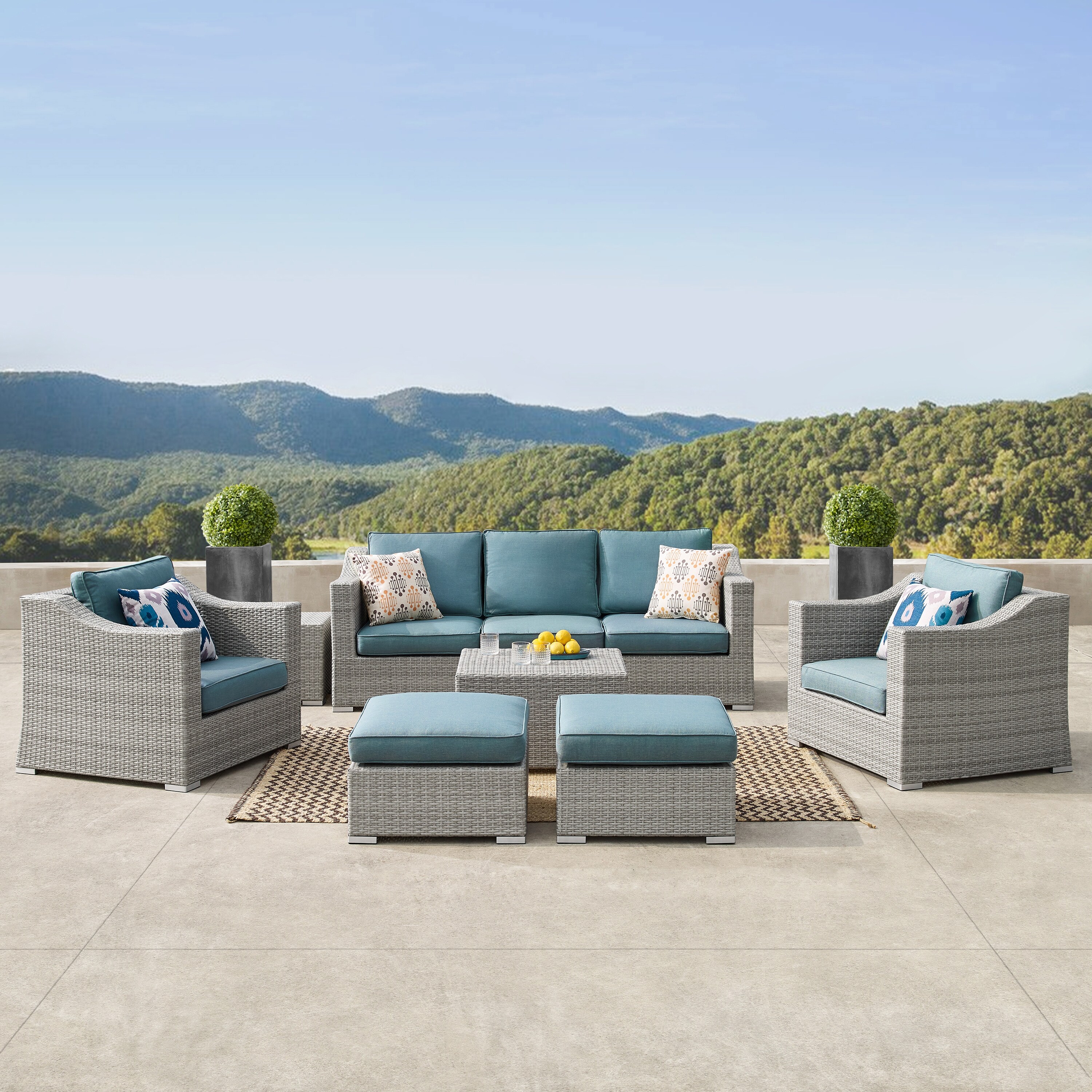 Shop Corvus Martinka 9 Piece Grey Wicker Patio Furniture Set With Cushions Overstock 13036900 Blue