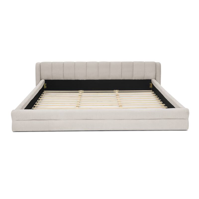 Chenille Fabric Upholstered Low Profile Platform Bed, Thick Fabric Frame Grounded Bed, Low Wingback Floor Bed