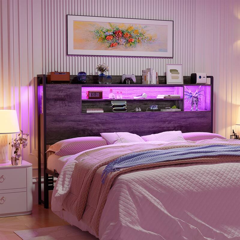 Storage Headboards with Power Outlet and LED Light, Head board with Storage Shelves for Bed Frame