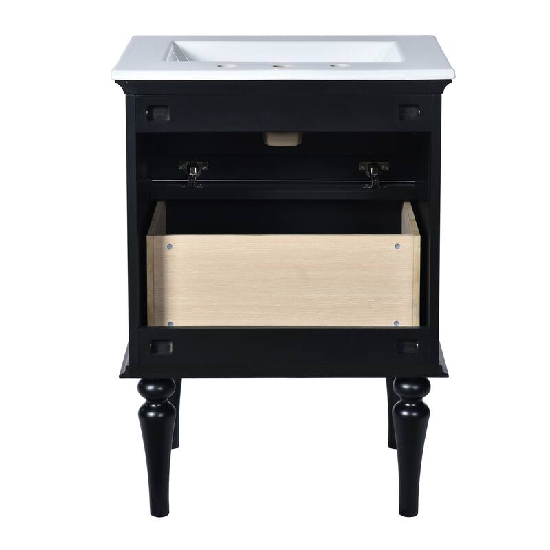 Roomfitters 24" Vanity with Ceramic Sink, Solid Wood Cabinet with 2 Drawers, Modern Freestanding Bathroom Unit, Black