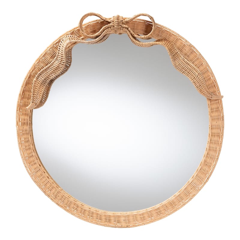 Creusa Natural Rattan Wall Mirror - Handwoven Rattan Mirror with Bow Accent, Boho Coastal Style