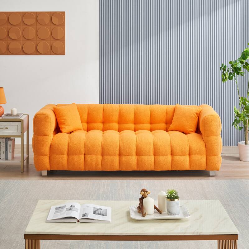 Stylish Fluffy Sofa with Plush Cushions & 2 Throw Pillows - Comfortable 3-Seater Couch - Orange