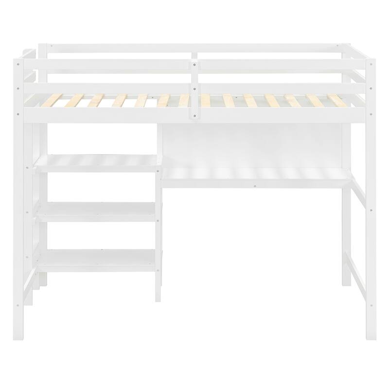 Twin Size Wooden Loft Bed with Built-In Desk, 3-Tier Shelves, Writing Board and Safety Guardrails, Space-Saving Design