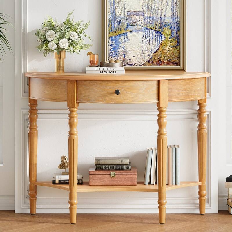 Farmhouse Half Moon Console Table with Drawer and Shelf for Entryway and Living Room Decor - Natural
