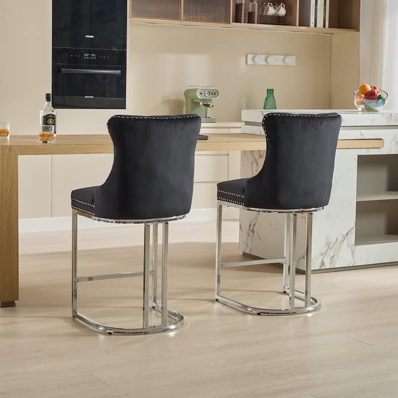 Counter Height Bar Stools Set of 2, Velvet Upholstered Accent Chairs with Button Back, Rivet Trim and Chromed Metal Base Legs
