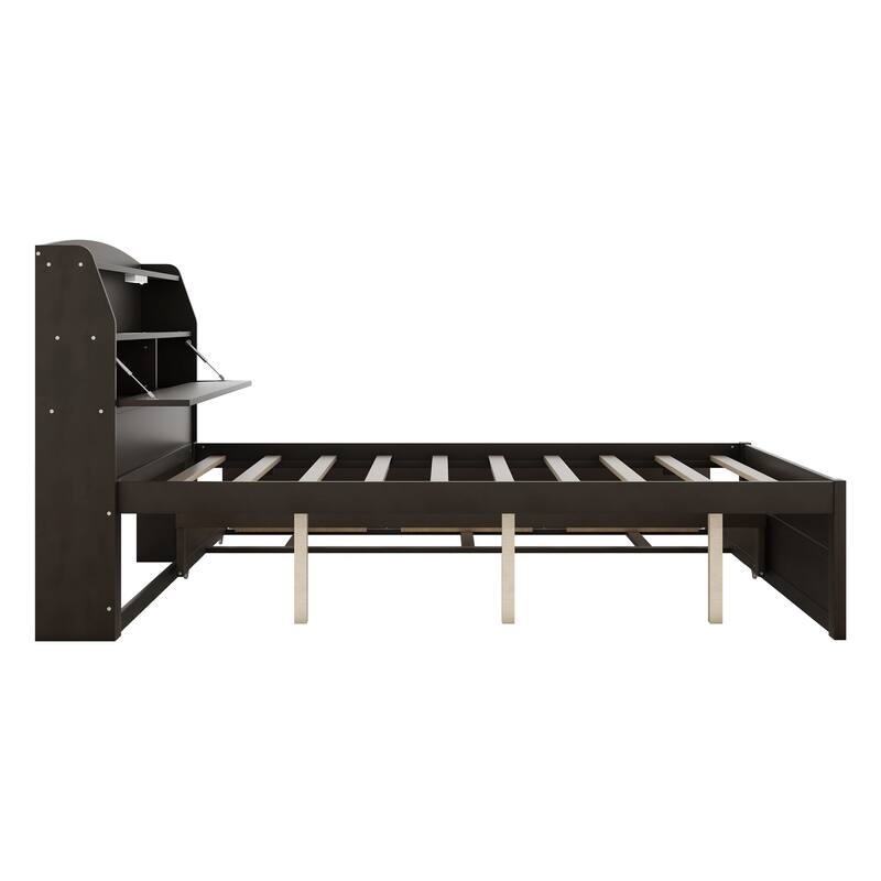 Wood Captain Bed Platform Bed with Trundle and 3 Drawers, Single Bed Frame with Storage Headboard and Integrated LED Light