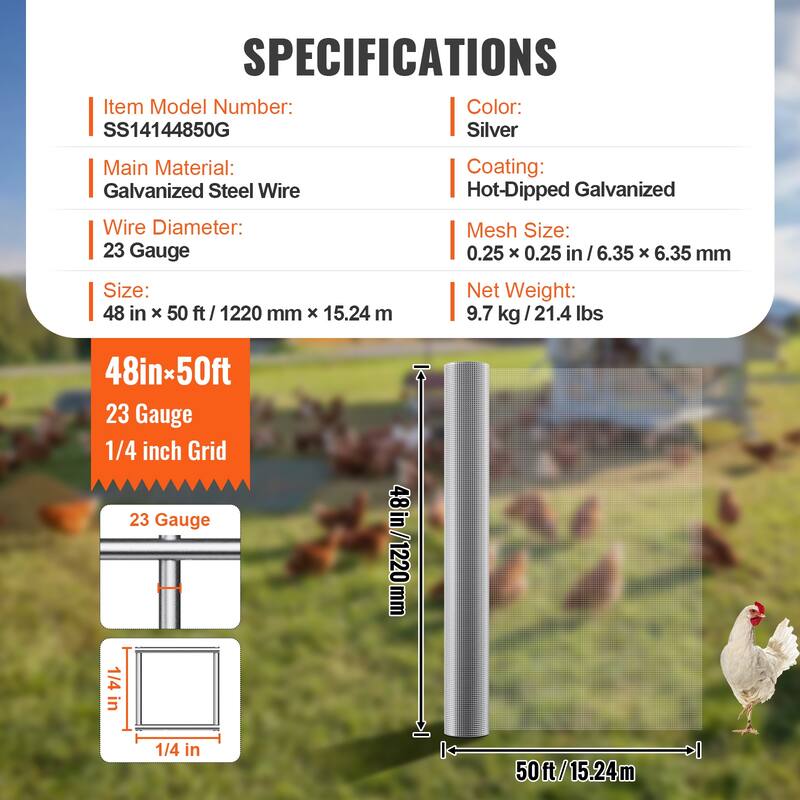 Hardware Cloth, Hot Dipped Galvanized Wire Mesh Roll, Chicken Wire Fencing, Wire Mesh for Rabbit Cages, Garden - Silver