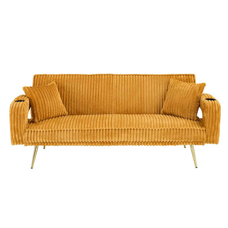 Loveseat Sofa, Adjustable Backrest Corduroy Love Seat Bed w2 Cup holder & 2 Pillows Living Room 2-seat Hollow Armchair
