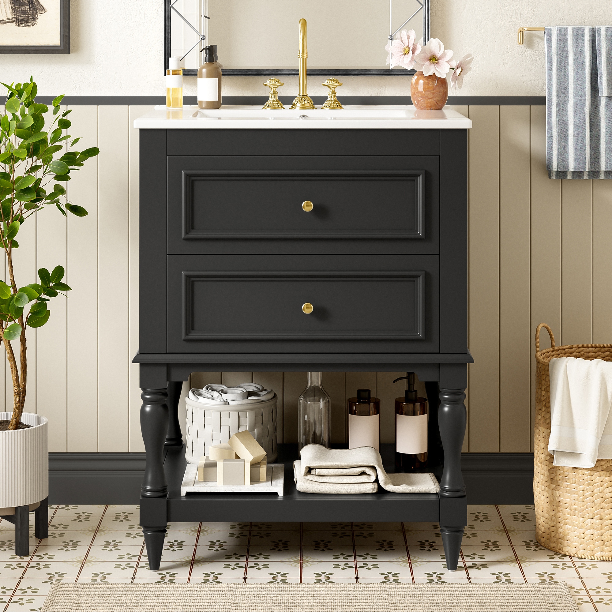 24" Retro Bathroom Vanity with Ceramic Sink & 2 Drawers - Solid Wood Storage Cabinet with Open Shelf