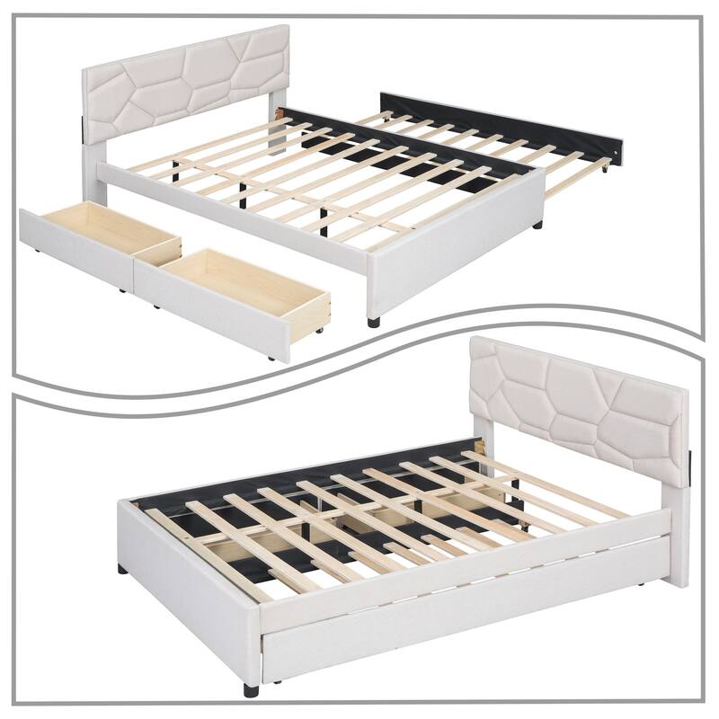 Stylish Linen Fabric Upholstered Platform Bed with Two Drawers and a Trundle Bed