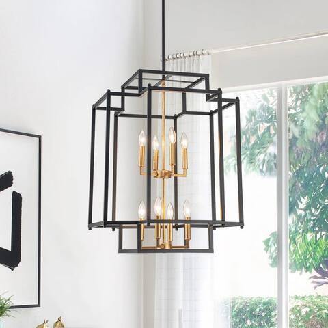 8-Light Metal Tiered Rectangle Lantern Chandelier - Black 22in