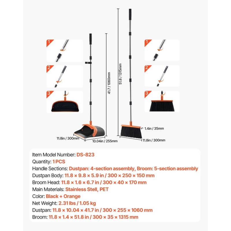 Black and Orange Stainless Steel Broom and Dustpan Set with Self-Cleaning Teeth and Adjustable Handles