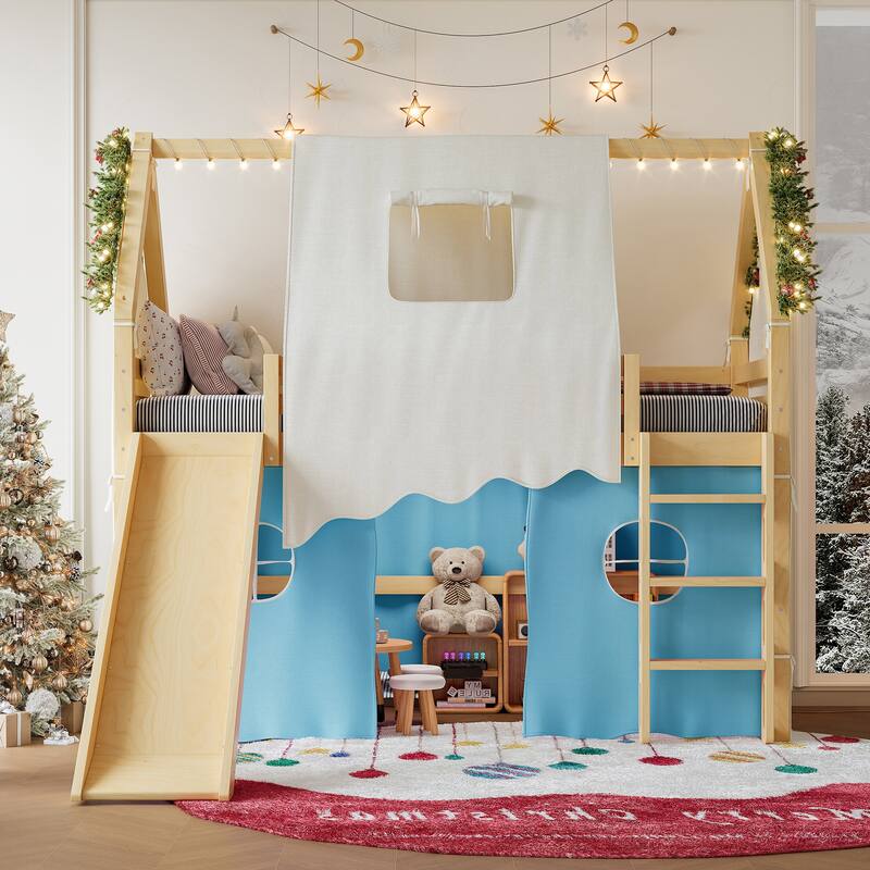 Fairytale Loft Bed Wooden House Bed with Tents, Light Strip and Slide - Blue - Twin