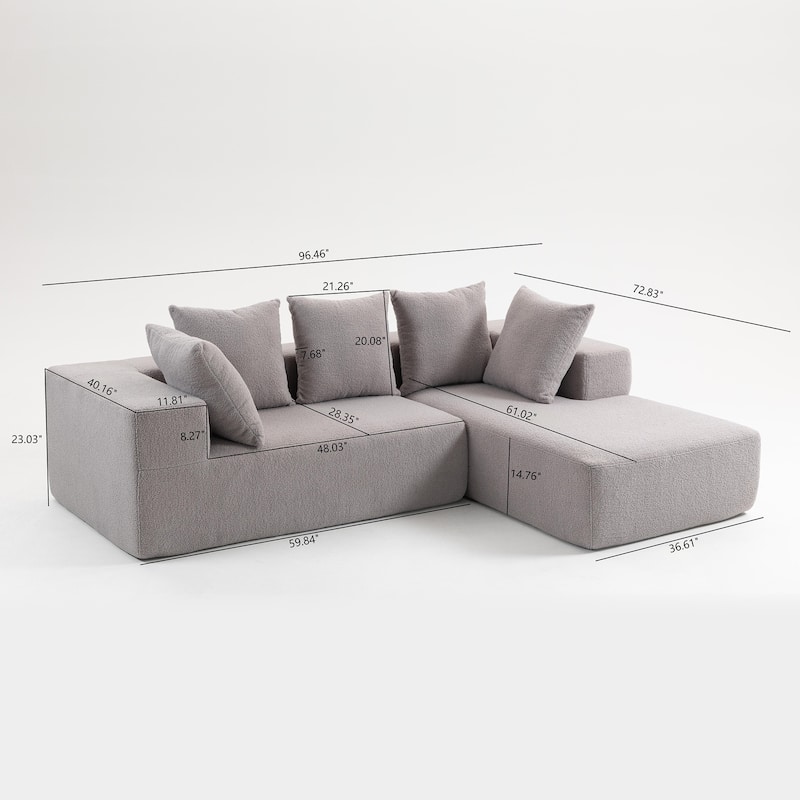 L-Shaped Modular Sectional Sofa, Full Foam Compressed Deep Seat Sofa, Upholstered Corner Sofa with 5 Throw Pillows