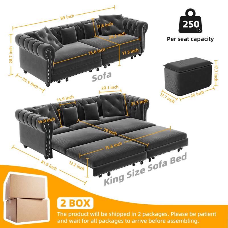 3-in-1 Pull-Out Sofa Bed, Convertible Sleeper Sofa, Chaise Lounge Sofa, Velvet 3-Seater Sofa with Movable Ottoman