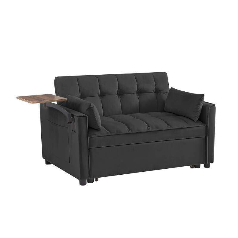 Velvet Loveseat Convertible Pull-out Sleeper Sofa Bed, Futon Sofa with 2 Pillows & phone Holder Pocket Recliner Sofa