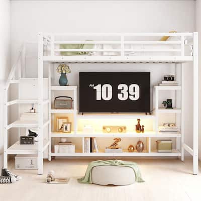 Metal Loft Bed Full Size with TV Cabinet, LED Strip, Wardrobe, Charging Ports and Stairs with Storage