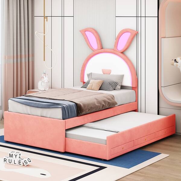 slide 2 of 70, LED Rabbit Kids Bed Velvet Upholstered Platform Bed Fairytale Animals Theme Bed with Trundle and 3 Drawers, 12pcs+12pcs Slats Pink - Twin