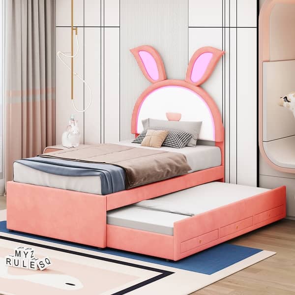 slide 2 of 13, Twin Size Upholstered Platform Bed with Trundle and 3 Drawers, Pink Pink - Twin