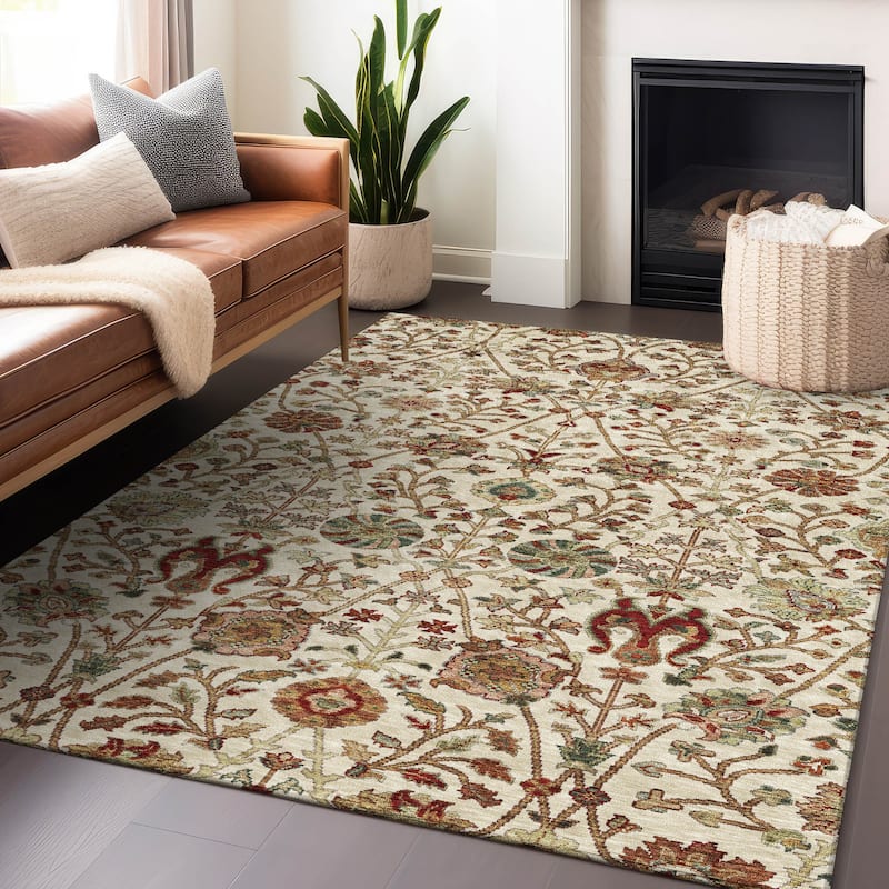 Machine Washable Indoor/ Outdoor Traditional Kashan Chantille Rug - Ivory - 5' x 7'6"