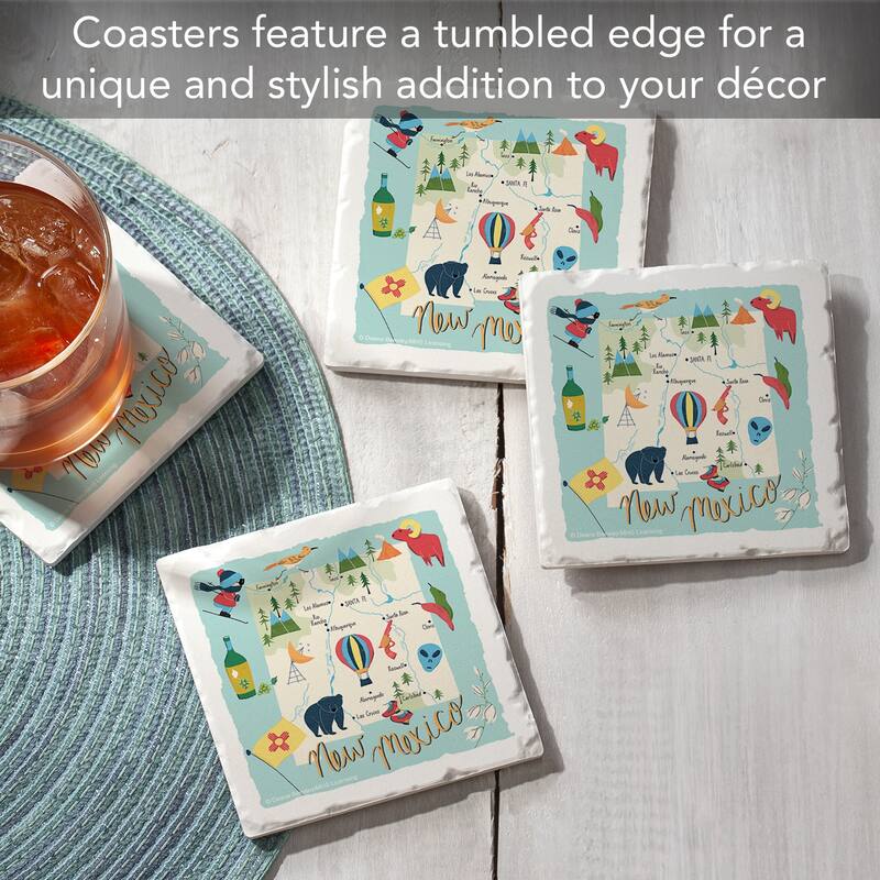 New Jersey Home 4-Pack Absorbent Stone Coasters with Protective Cork Backing 4" Square Made in The USA Easily Wipes Clean - Multi