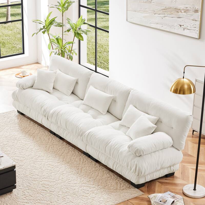 133.8" Chenille 4-Seat Sofa with Bolster Arms & Deep Cushions - White