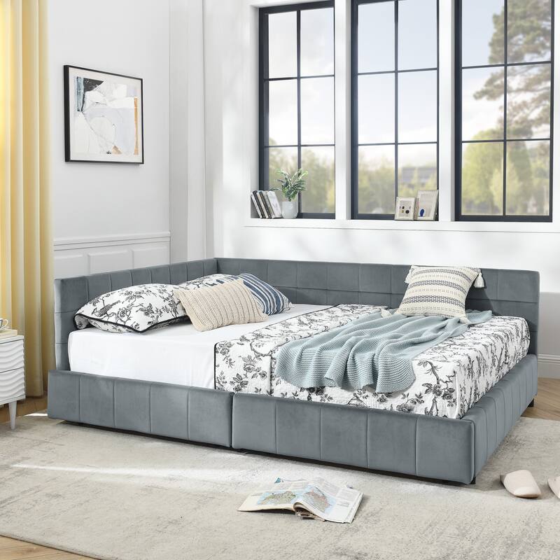 L-shaped Velvet Upholstered Daybed Tufted Sofa Bed with Soft Backrest Armrests - and Optional Corner Storage Day Bed