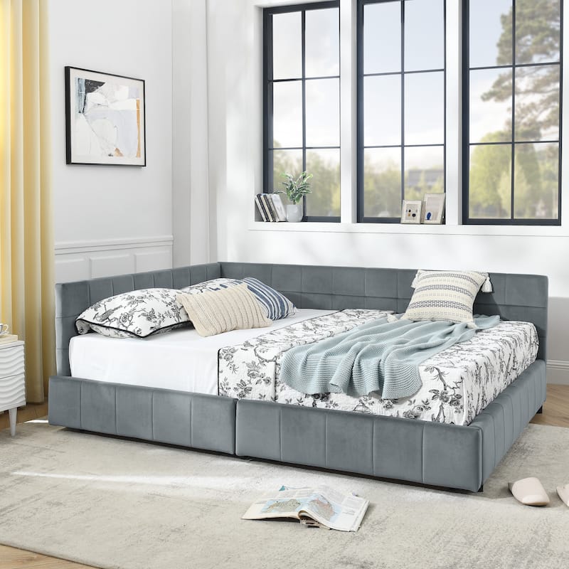Mid-Century Queen Velvet Daybed with Storage Drawers, Tufted Upholstered Sofa Bed Frame with Backrest & Armrest