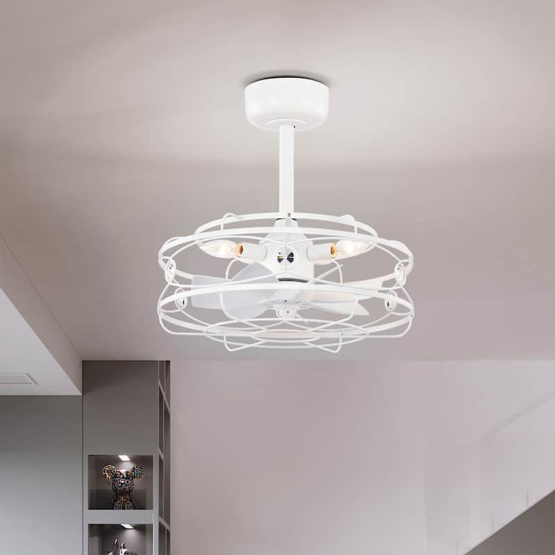 White Caged Lighted Ceiling Fan Fandelier 7-Blade Remote Control