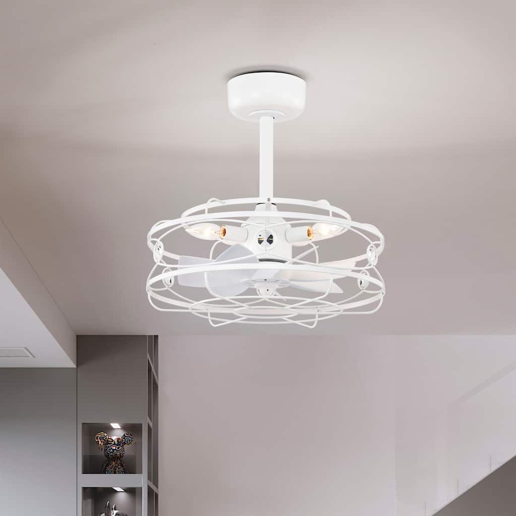White Caged Lighted Ceiling Fan Fandelier 7-Blade Remote Control