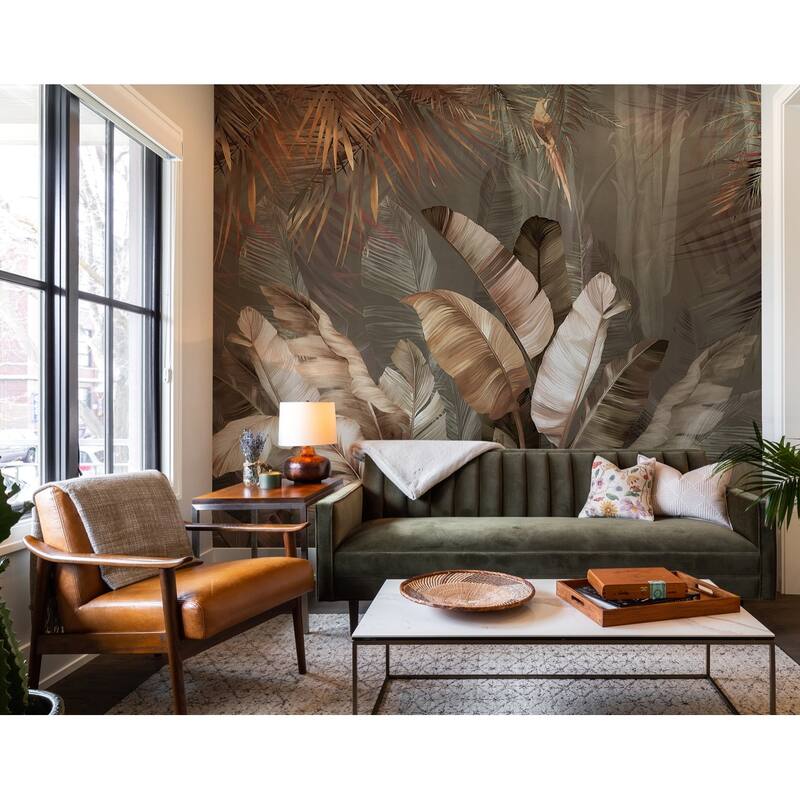 Lush Tropical Forest Mural with Vibrant Palms and Parrot - Brown - W:163" x H:110"