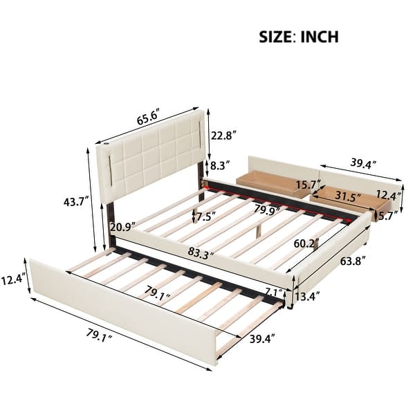 Queen Size Upholstered Platform Bed with Twin Size Trundle Wood Bed Frame & Drawers Storage Bed for Kids Teens Adults, Beige