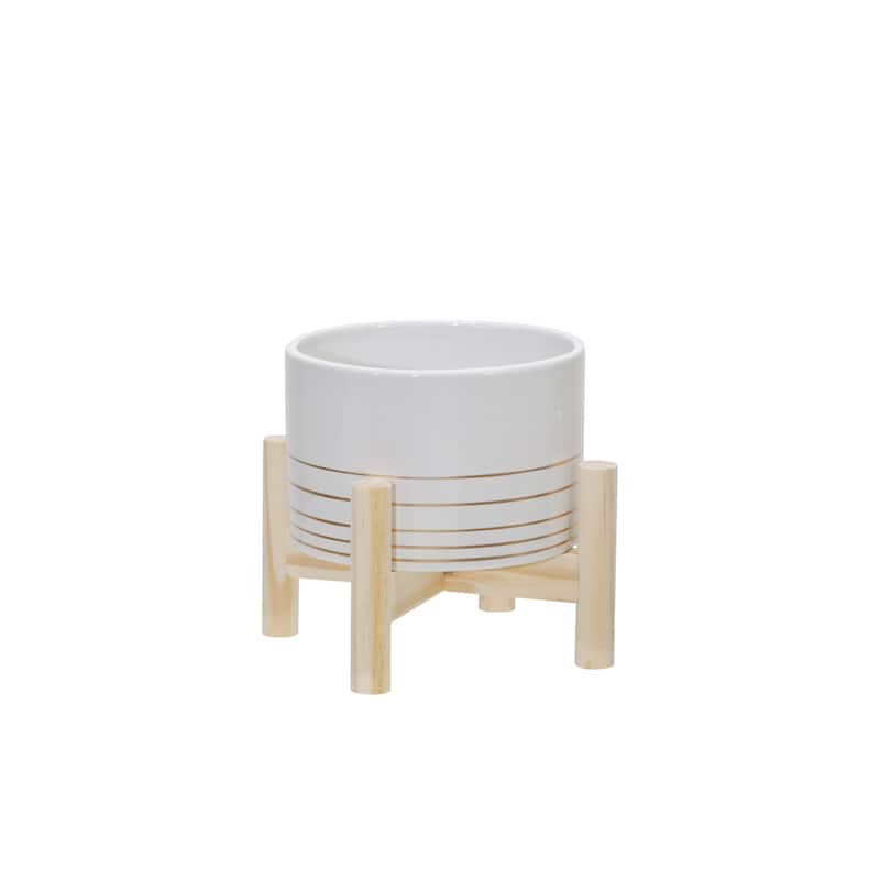6" Ceramic Metallic Planter with Wood Stand, White 7"H - 6.0" x 6.0" x 7.0" - White - 6.0" x 6.0" x 7.0"