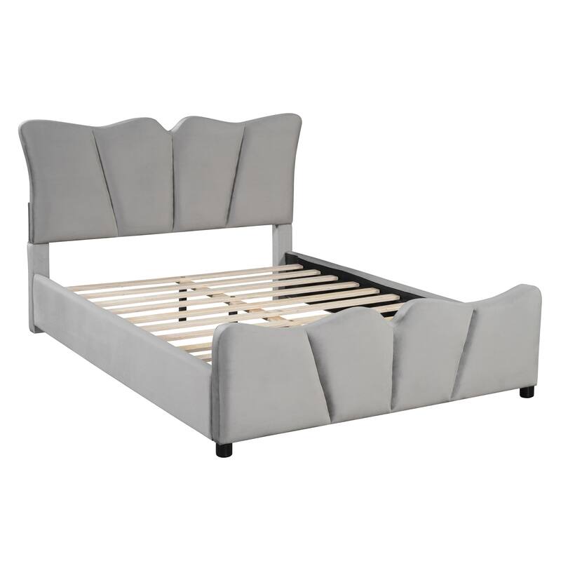 Full Size Upholstered Velvet Platform Bed Frame with Elegant Headboard, Sturdy Wooden Frame and Footboard Design for Bedroom