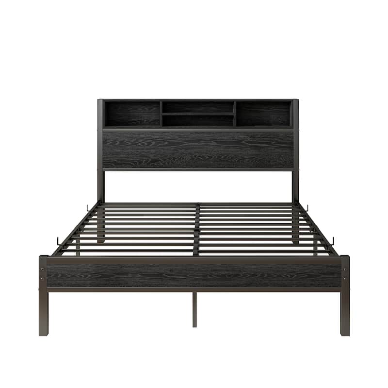 Full Size Bed Frame with Storage Headboard, Metal Platform Bed with Charging Station