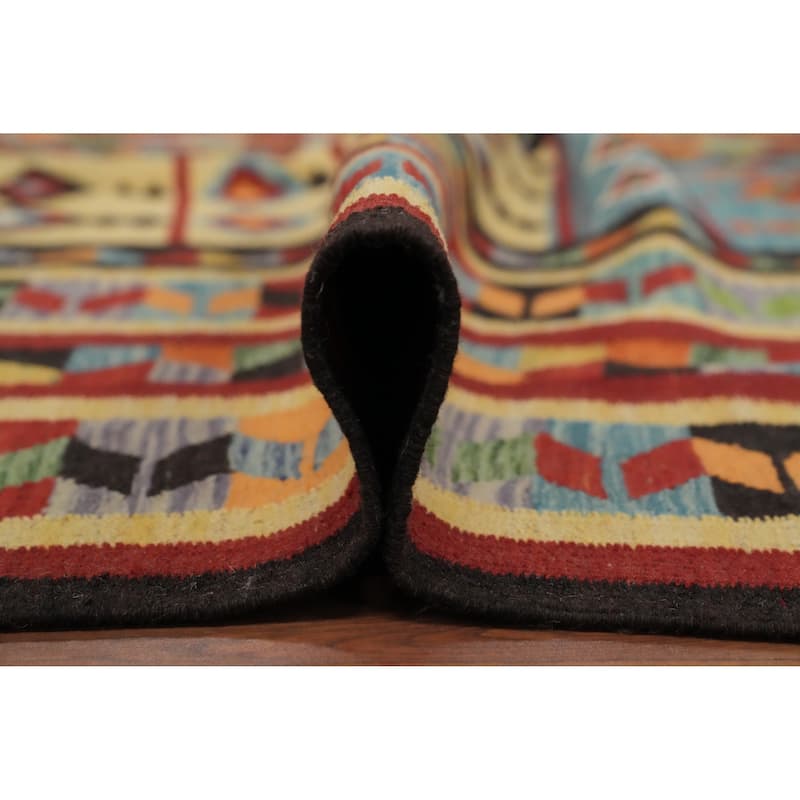 Hand Woven Oriental 100% Wool Carpet Southwestern Tribal Navy Blue & Blues Kilim Area Rug - 8' 7'' X 6' 1''