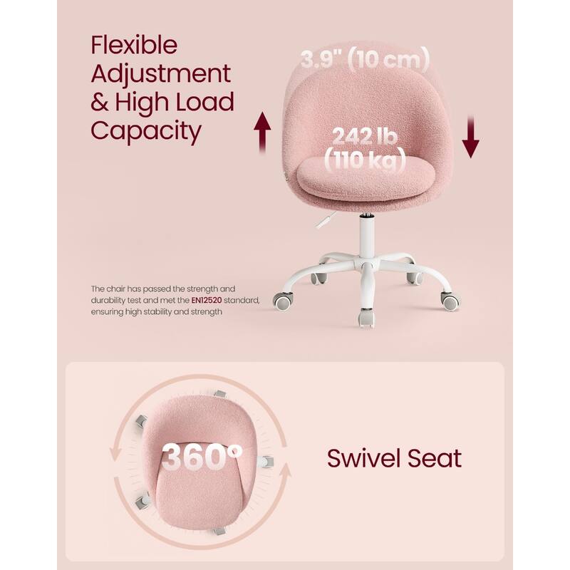 Jelly Pink Adjustable Height Swivel Vanity Chair with Teddy Fleece Upholstery and Armless Design