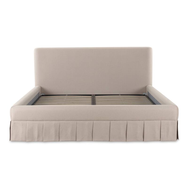 NADAAL STUDIOS Lenora Beige Upholstered Queen Bed with Pleated Skirt Base and Padded Headboard