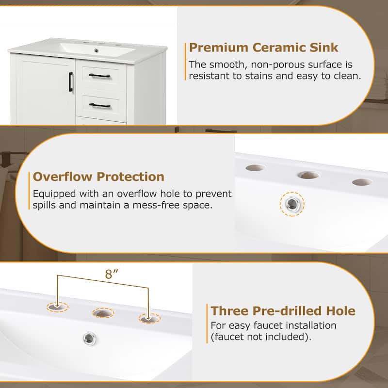 30" Bathroom Vanity with Ceramic Sink, Soft-Close Doors & Drawers, Solid Wood Frame, Modern Storage Cabinet