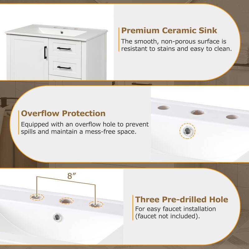 30" Modern Bathroom Vanity Set with Ceramic Sink - Soft-Close Doors & 3 Drawers, Storage Cabinet with Removable Tray