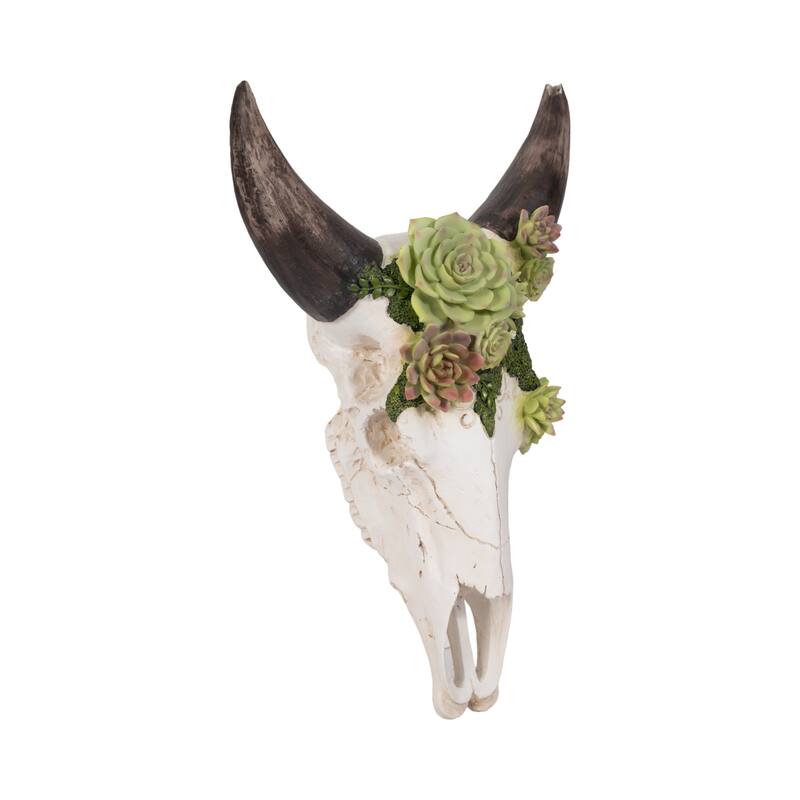 Resin Bull Skull with Flower Wall Sculpture - Ivory, 18"