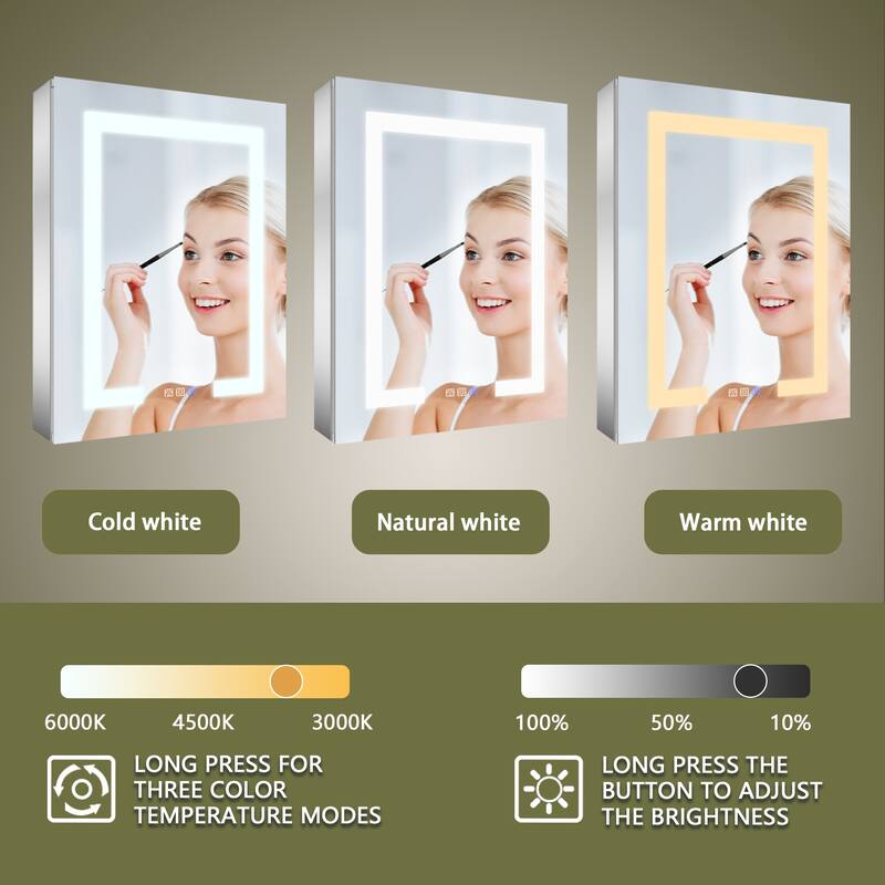 ExBrite 20" x 26" LED Lighted Bathroom Medicine Cabinet with Mirror,Recessed or Surface Mount,Defog