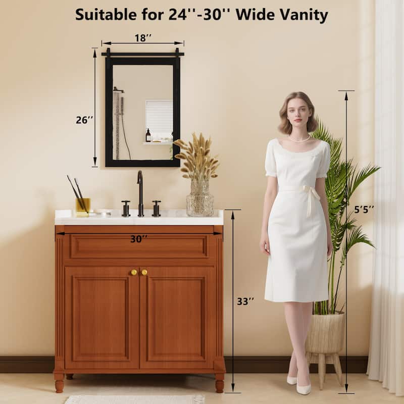 Farmhouse Rectangular Wood Frame Wall Mirror, Rustic Barn Door Bathroom Vanity Mirror