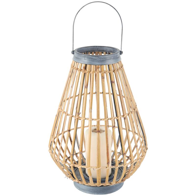 Brown Bamboo Wood Handmade Open Framed Indoor Outdoor Candle Lantern with Blue Metal Accents and Handle