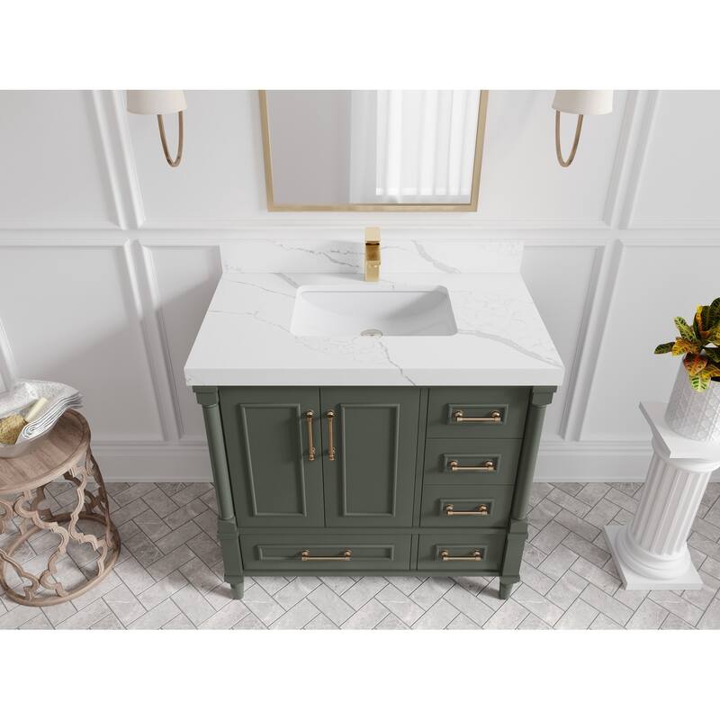 Willow Collections 36 in. W x 22 in. D Aberdeen Center Sink Left Bathroom Vanity with Countertop - 2" Calacatta Laza - Pewter Green