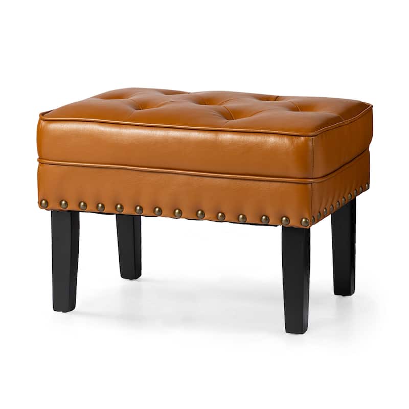 Glitzhome 22"W Mid-century PU Leather Tufted Ottoman Foot Stool - Cognac
