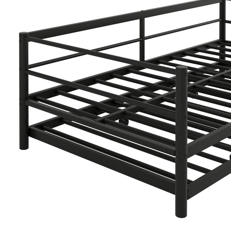 Twin Size Daybed with Pop Up Trundle, Industrial Metal Sofa Bed Frame with LED Lights, for Living Room, Bedroom, Guest Room